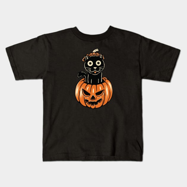 Funny Black Cat Halloween: Meow Pumpkin Kids T-Shirt by POD Anytime